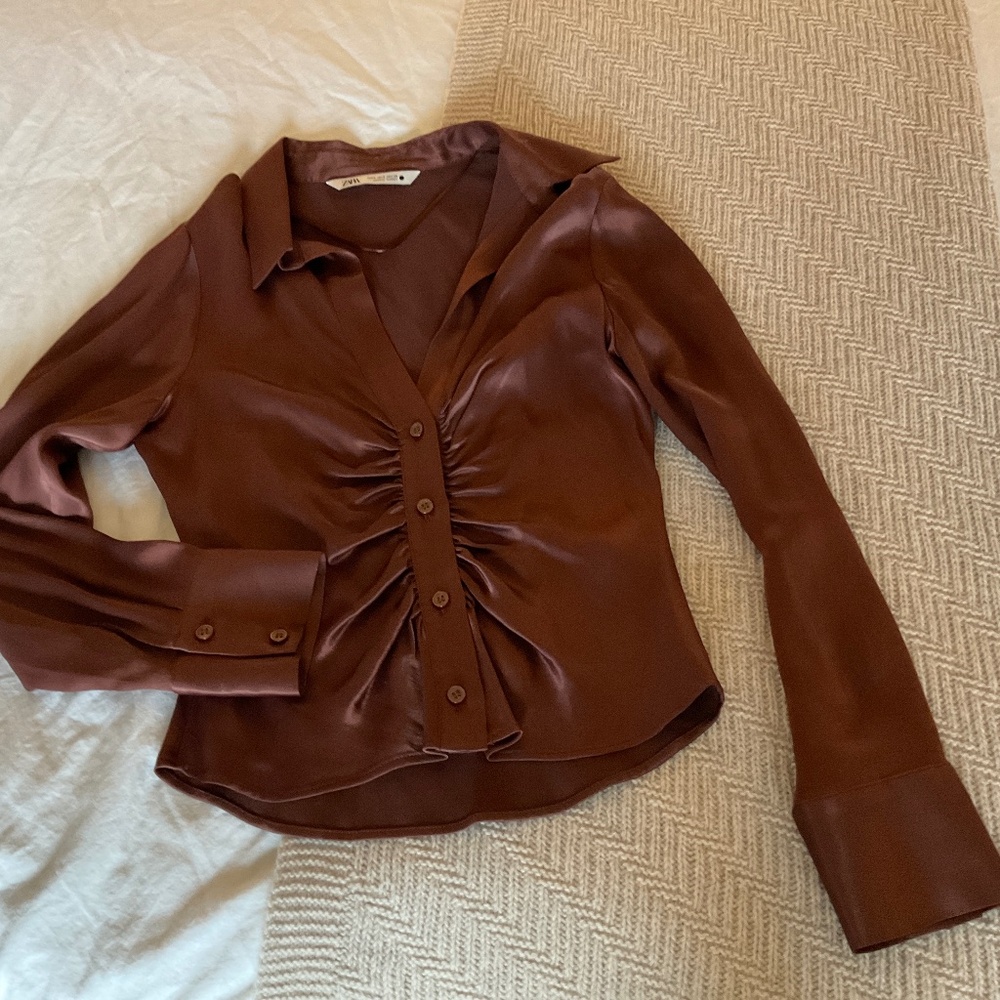 Zara Tops | Zara Ruched Satin Effect Shirt,  Color: Brown Size small.  NWOT